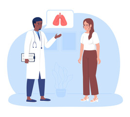 Woman visiting doctor for lungs checkup 2D vector isolated illustration. Medical consultation flat characters on cartoon background. Hospital colourful scene for mobile, website, presentation