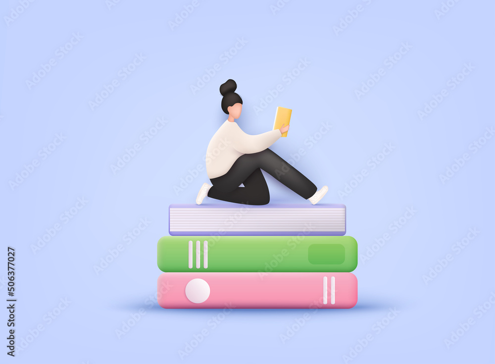 Poster woman reading a open book. stack of colored books. pile of books. hardback books composition. 3d web