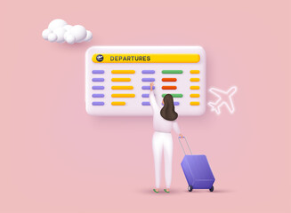 Tourist waiting for departure in an airport. Time to travel concept. 3D Web Vector Illustrations. - obrazy, fototapety, plakaty