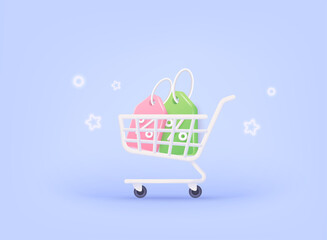 Shopping cart with discount coupon on it. Discount coupon of cash for future use. Sales with an excellent offer for shopping. Special offer promotion. 3D Web Vector Illustrations.
