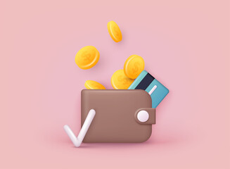 Money saving icon concept. Wallet with coins and credit card. 3D Web Vector Illustrations. - obrazy, fototapety, plakaty