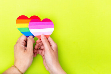 Two hands holding a heart painted like a gay and lesbian flag, isolated on a green background.