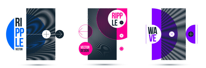 Graphic design elements vector set, moire trendy layouts with circles, posters and covers abstract modern art, optical art banners.