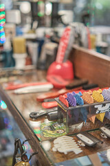 Barber tools lying on the table at barber shop