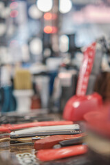 Barber tools lying on the table at barber shop