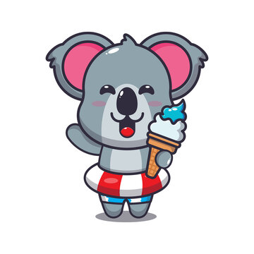 Cute koala cartoon mascot character with ice cream on beach