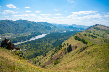 Naklejka premium View with mountains, river Katun and valley from top of the rock - damn finger - in the mountainous Altai, Russia 