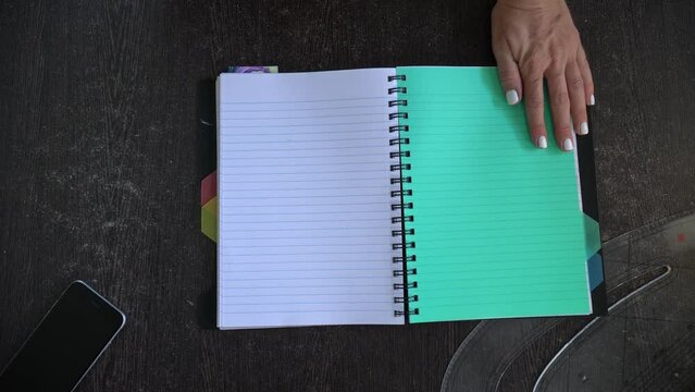Desktop. Work at the table. Work notepad. View from above