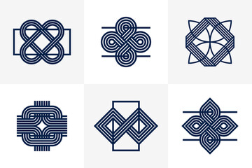 Intertwined lines vintage style icons collection, abstract geometric linear symbols vector set, graphic design elements for logo creation.