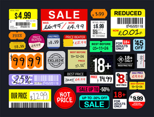 Naklejka premium Sticker set. Price stickers. Peeled Paper Stickers. Price Tag. Sale stickers Isolated on black background. Vector illustration