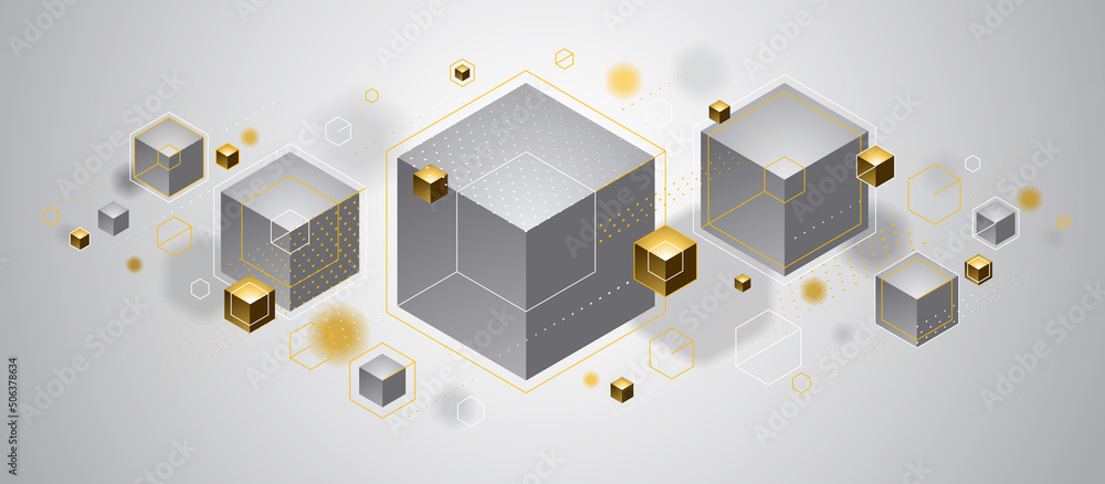 Poster cubes cluster with golden elements lines and dots vector abstract background, 3d abstraction vip lux