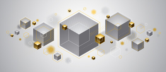 Cubes cluster with golden elements lines and dots vector abstract background, 3D abstraction vip luxury style, geometric design, technology and science theme.