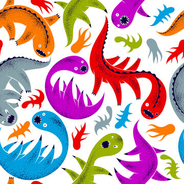 Scary horror monsters seamless vector textile pattern, beasts creatures endless wallpaper, stylish background for Halloween theme, funny picture.