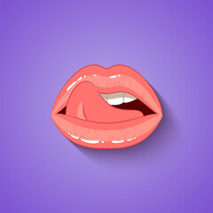 Female licking sexy pink lips, beautiful mouth with tongue and teeth, Illustration in the cartoon style