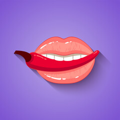 Sexy pink lips with chili pepper, red hot chili pepper in open mouth, Illustration in the cartoon style