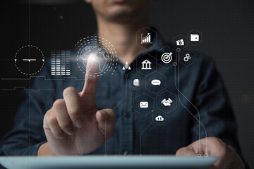 Businessman using tablet and virtual touch screen to online transactions with internet technology, concept of global data connection by internet technology, big data, 