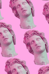 Pattern of collage art of classic statue. Vaporwave style background. Sculpture with neon pink...