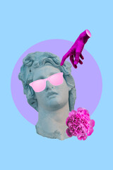 Collage art of classic statue with pink sunglasses, flower and pink hand. Vaporwave style background. Sculpture in neon purple and blue colors in minimalism. - 506379629