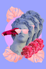 Collage art of classic statue with pink sunglasses, flowers and hand. Vaporwave style background. Sculpture in neon blue colors. - 506379630
