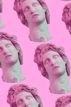 Pattern of collage art of classic statue. Vaporwave style background. Sculpture with neon pink colors.