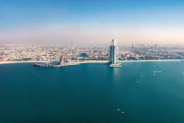 Burj Al Arab hotel in Dubai UAE aerial view