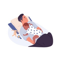 Father and baby son sleeping together. Child lying over dad in bed. Little kid asleep, relaxing on daddy. Man and toddler of different race. Flat vector illustration isolated on white background