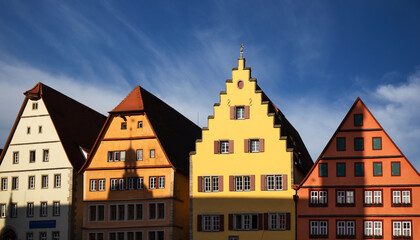 Rothenburg ob der Tauber, Germany. Houses with typical Old Town architecture (Marktplatz or Market Square) of the medieval city in Bavaria, detail view.
