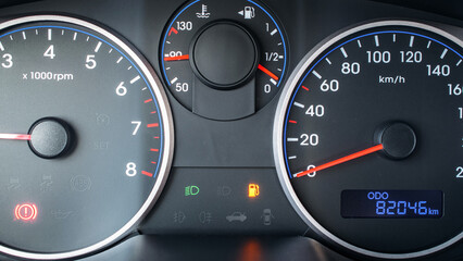 Gas gauge fuel empty. Petrol tank meter car indicator on dashboard. Low gasoline level. Fuel gauge gas.