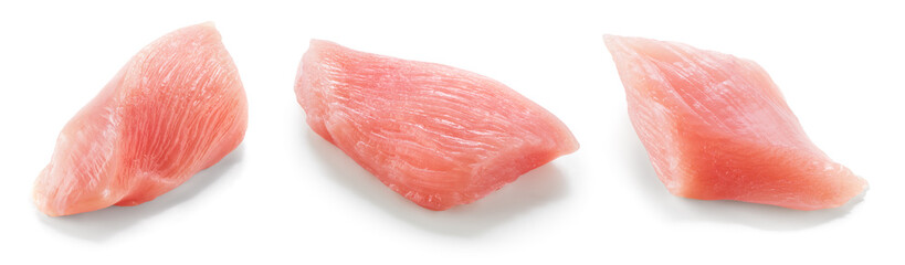 Chicken meat isolated. Raw fresh chicken meat piece on white background. Raw chicken meat pieces with clipping path. 