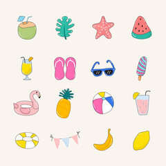 vector icon set summer. such as icon glasses, coconut, popsicles. Isolated background.