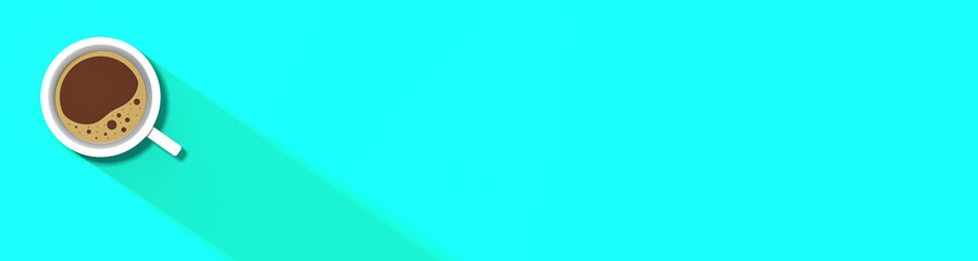 a white cup of coffee on turquoise background. long shadow from cup. invigorating drink. Banner for insertion into site. Place for text cope space. horizontal image. 3D image. 3D rendering.