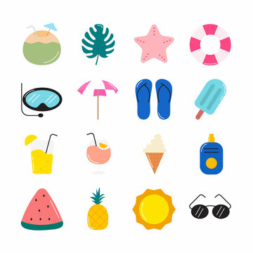 vector icon set summer. such as icon glasses, coconut, popsicles. Isolated background.