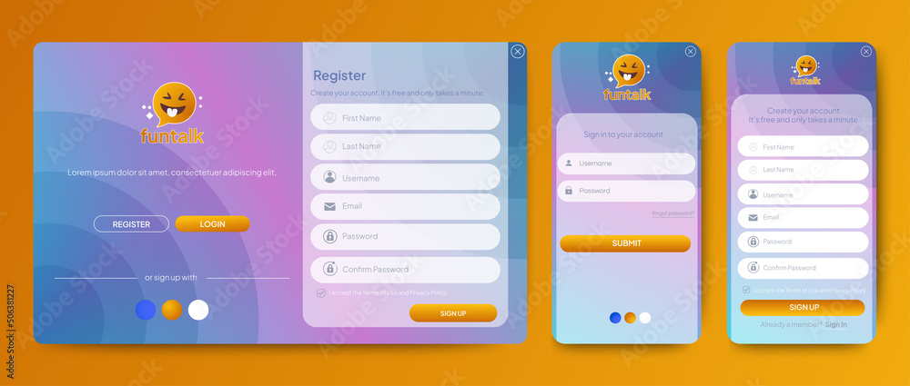 Poster set of sign up and sign in forms. blue gradient background with modern logo. registration and login 