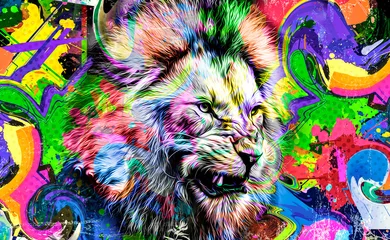 Tuinposter Colorful artistic lion muzzle with bright paint splatters © reznik_val