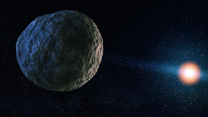 Asteroid entering the inner solar system, space wallpaper. 3d rendering illustration. Approaching earth.
