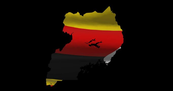 Uganda national flag on map outline, waving animation. 4K alpha channel graphic footage of country shape