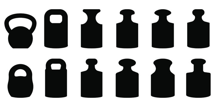 Weight icon. Kg weight logo. Kettlebell icons. Set of different dumbbell. Vector illustration.