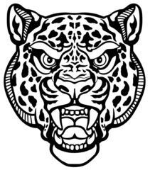 roaring leopard head. Aggressive spotted panther. Front view tattoo style vector illustration. Black and white