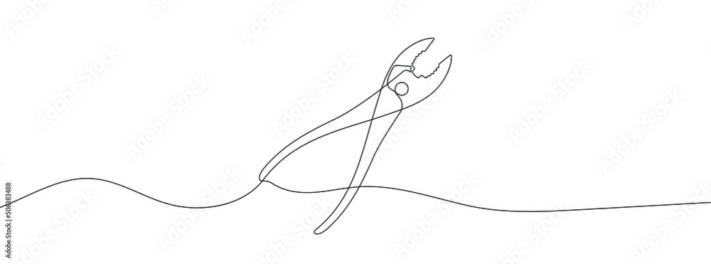 Poster continuous line drawing of pliers. pliers linear icon. one line drawing background. vector illustrat