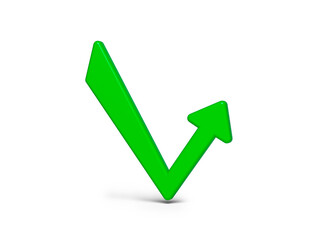 Green checkmark-shaped finance arrow. On white color background. Horizontal composition. Isolated with clipping path.