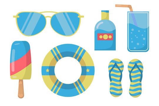 Summer blue set (sunglasses, inflatable life buoy, ice cream, flip flops, lemonade, sunscreen) in flat style. Vector image.