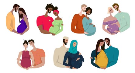 Cartoon vector isolated on white background. Set of vector flat illustrations. Young couples are expecting a baby. Multiethnic happy families. Pregnant girls with their husbands. - 506383828