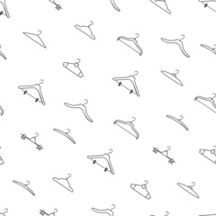 Seamless pattern hangers set badges for clothes and accessories. Vector illustration of hangers wardrobe fitting room.