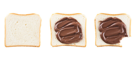 Slices of toast bread with chocolate hazelnut spread isolated on white.