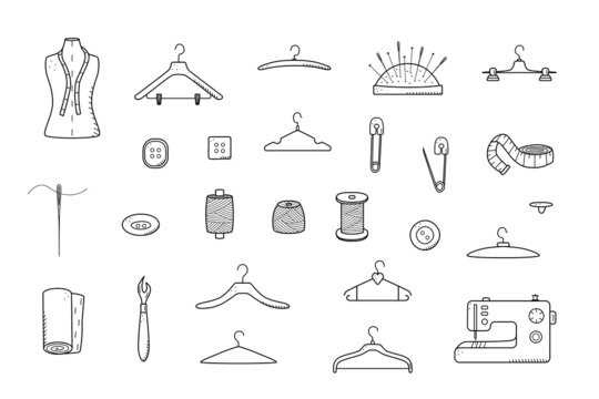 Tools for sewing and needlework. Doodle icon set tailoring, vector illustration thread needles mannequin sewing machine hangers buttons.