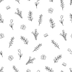 Seamless pattern field plants, meadow grass and flowers tulips poppies. Vector doodle illustration.