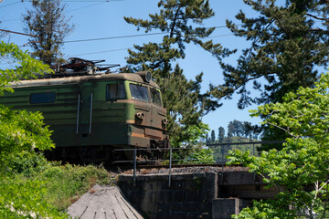 Naklejka premium old train rides through the park
