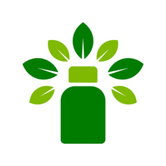 Nutritional supplement icon or logo. Green pill bottle surrounded with a leaves. Alternative natural herbal medicine. Homeopathy treatment. Phytotherapy concept. Vector illustration, flat, clip art. 