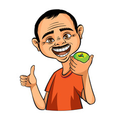 There's a middle-aged man standing there. He's eating an apple. A smile of good dental health. The concept of healthy teeth is a portrait of an energetic person. Vector illustration isolated white bac