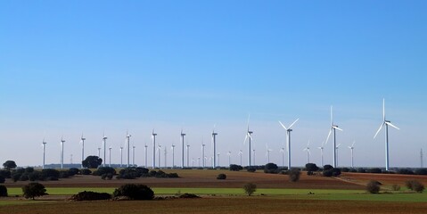 Aerogeneradores entre campos de cultivo en el mes de febrero. Parque eólico de Tébar en Cuenca,...